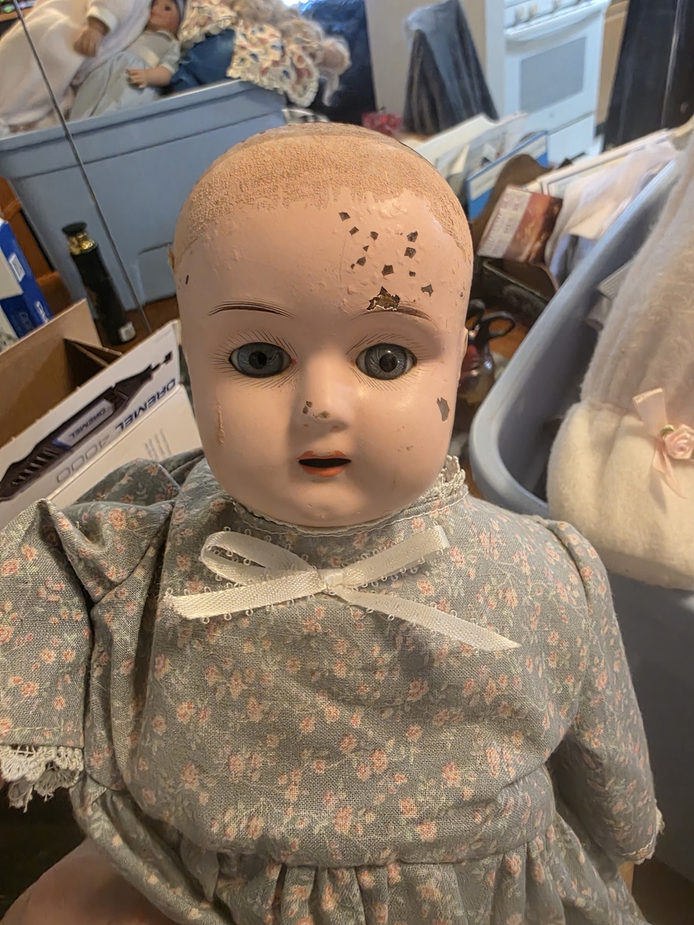 Antique Bisque Doll in Floral Dress - Pink Face, Blue-Grey Dress